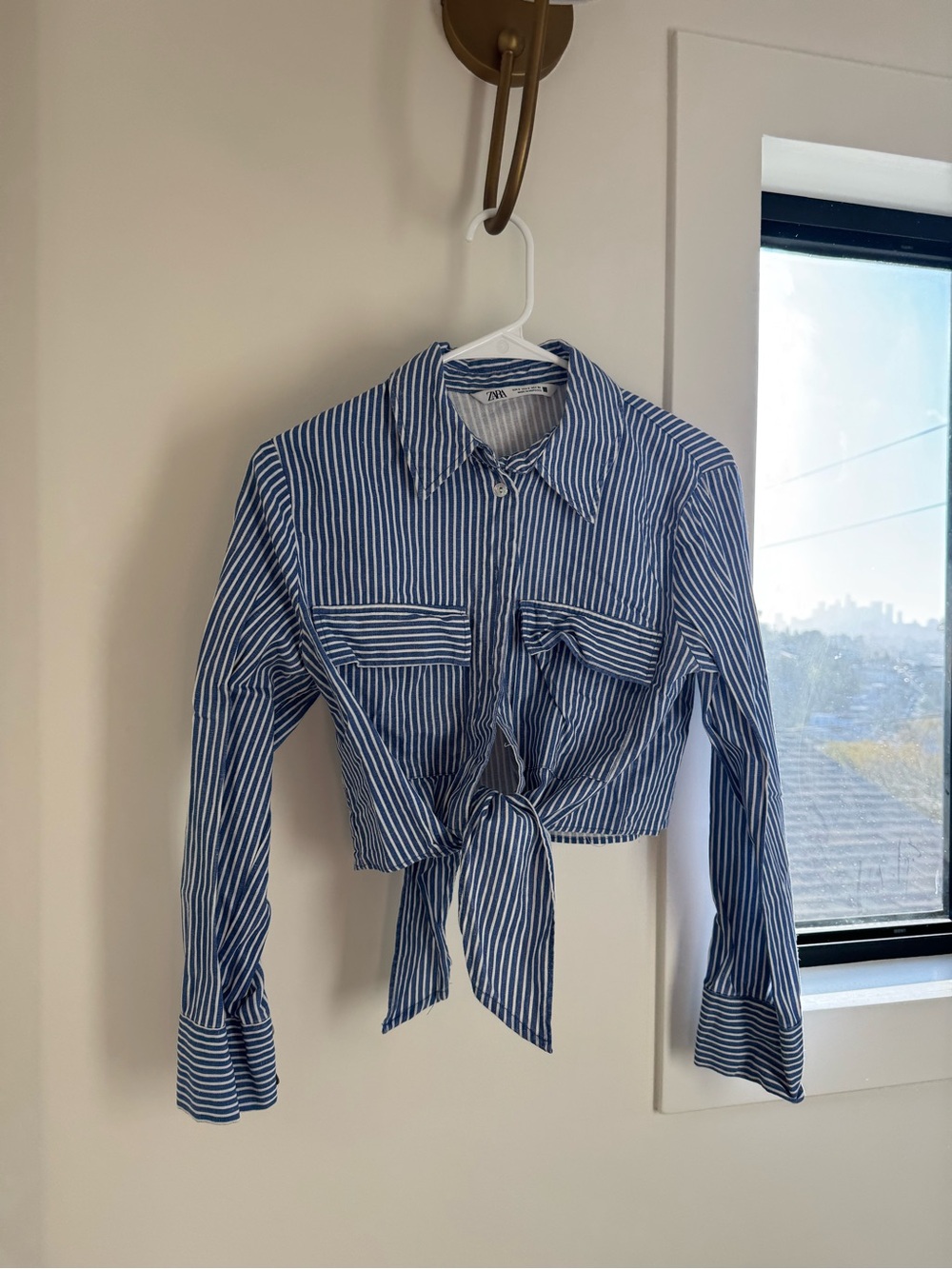 Blue Striped Tie-Front Button-Up Shirt - Women